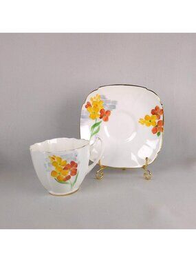 Paragon Art Deco Lotus Teacup & Saucer Hand Painted Floral England 1930s